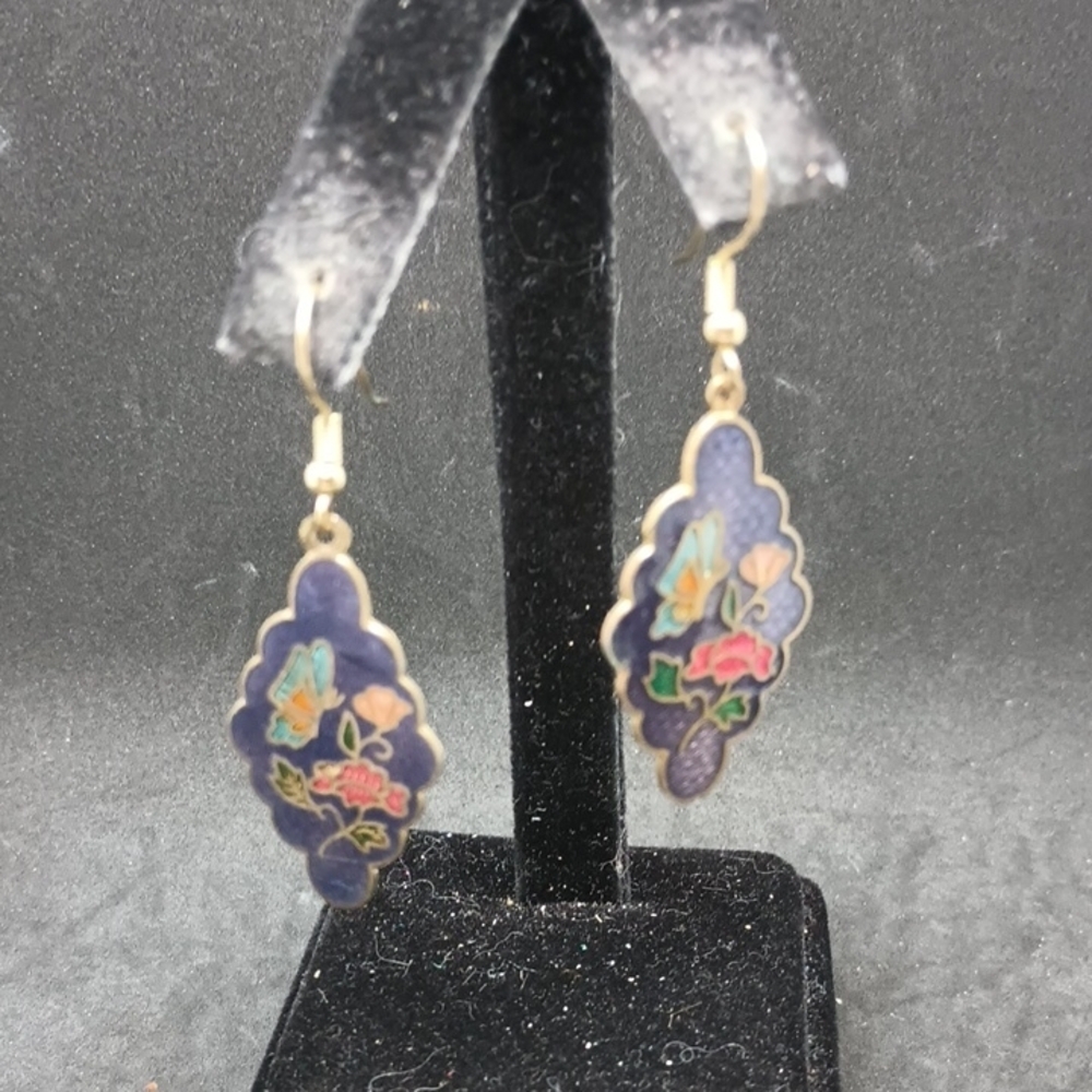 Blue Butterfly Enamel Earrings with Gold Wire